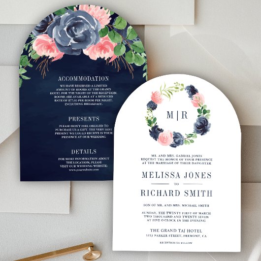 Invitation Floral bleu marine et rose vif en un seul Mariage