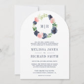 Invitation Floral bleu marine et rose vif en un seul Mariage (Devant)