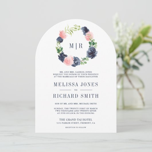 Invitation Floral bleu marine et rose vif en un seul Mariage (Debout devant)