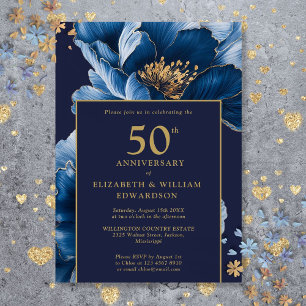 Invitation Floral bleu marine moderne Elégant 50e anniversair
