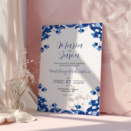 Invitation Floral bleu mexicain Élégant Mariage Fiesta
