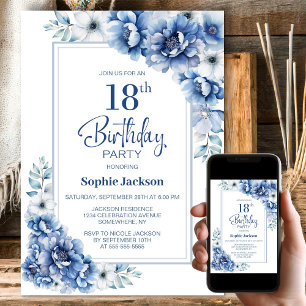 Invitation Floral bleu moderne 18ème anniversaire