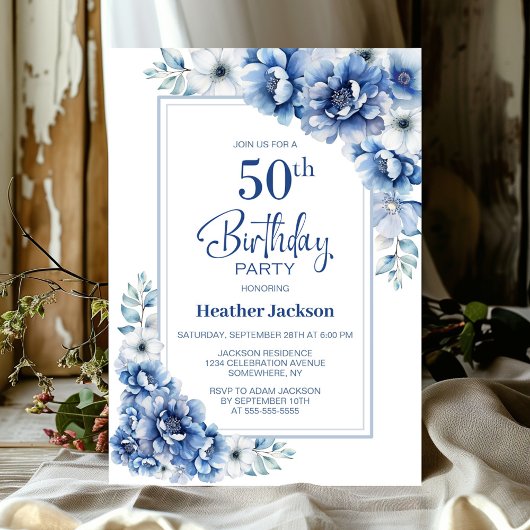 Invitation Floral bleu moderne 50e fête d'anniversaire