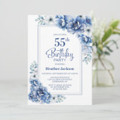 Invitation Floral bleu moderne 55e fête d'anniversaire (Debout devant)