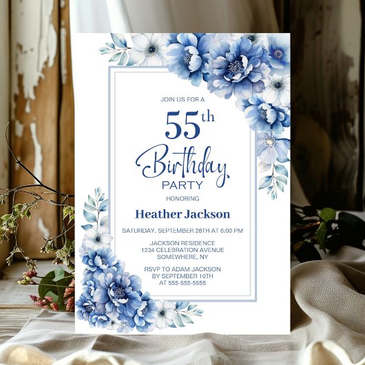 Invitation Floral bleu moderne 55e fête d'anniversaire