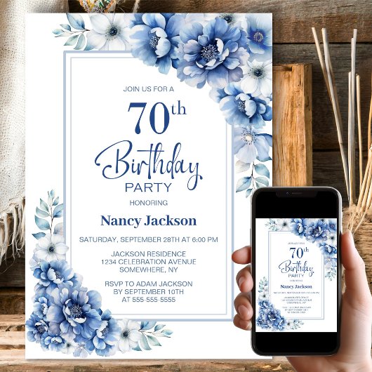 Invitation Floral bleu moderne 70e fête d'anniversaire
