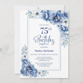 Invitation Floral bleu moderne 75e fête d'anniversaire (Devant)