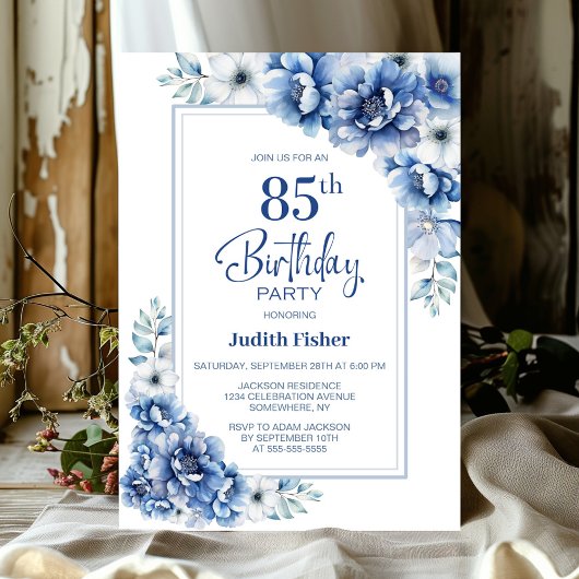 Invitation Floral bleu moderne 85e fête d'anniversaire