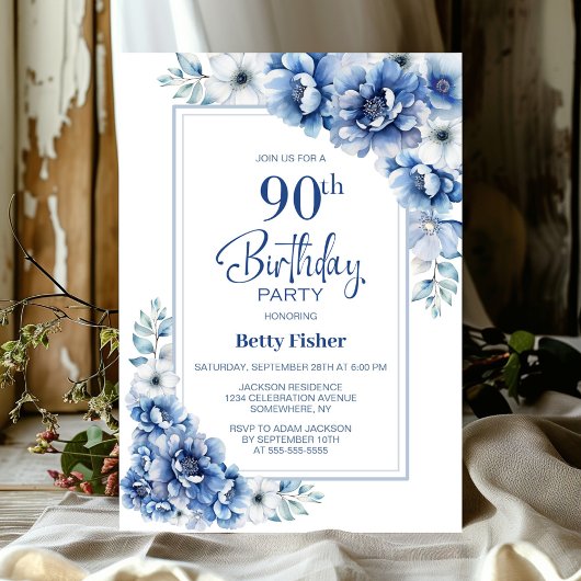 Invitation Floral bleu moderne 90e fête d'anniversaire