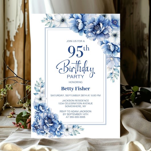 Invitation Floral bleu moderne 95e fête d'anniversaire