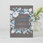 Invitation Floral bleu moderne et blanc encadré Mariage gris (Debout devant)