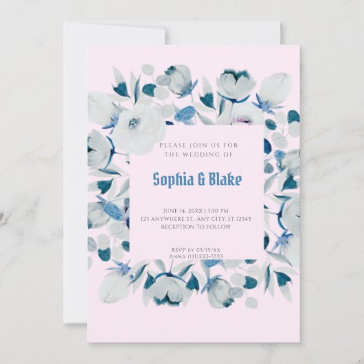 Invitation Floral bleu moderne et blanc encadré Mariage rose (Devant)