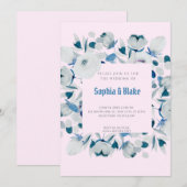 Invitation Floral bleu moderne et blanc encadré Mariage rose (Devant / Derrière)