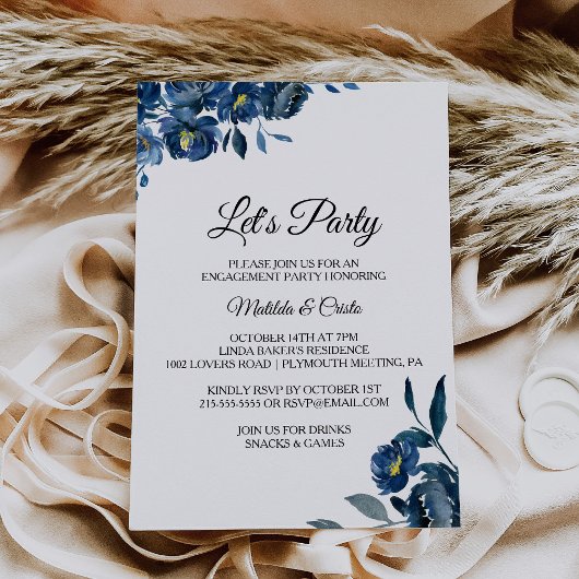 Invitation Floral bleu moderne Faisons la fête