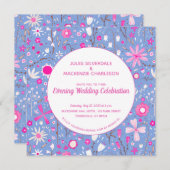 Invitation Floral Bleu Moderne Mariage du soir (Devant / Derrière)