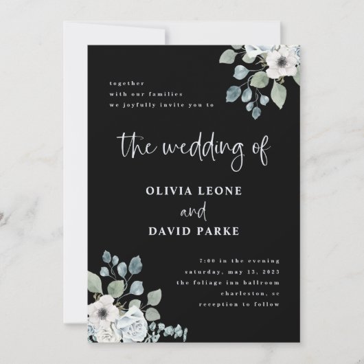 Invitation Floral bleu noir et poussiéreux | Mariage aquarell (Devant)