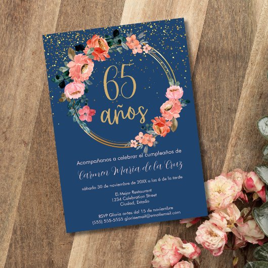 Invitation Floral bleu or espagnol 65e fête d'anniversaire
