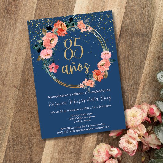 Invitation Floral bleu or rose espagnol 85ème anniversaire