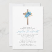 Invitation Floral Bleu Or Roses Croix Fille Baptême (Devant)