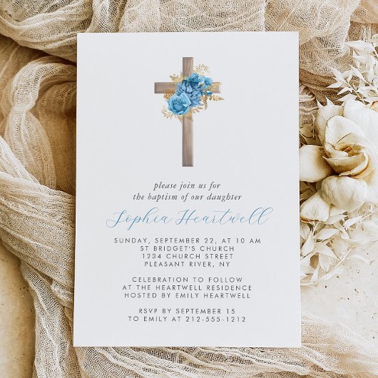 Invitation Floral Bleu Or Roses Croix Fille Baptême