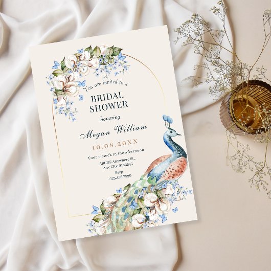Invitation Floral bleu paon oiseau nuptiale