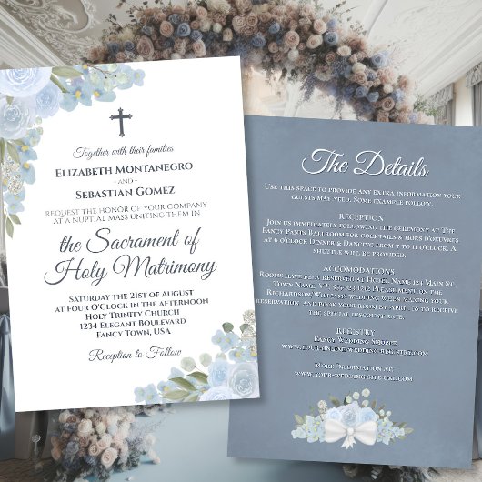 Invitation Floral bleu poussiéreux avec détails Mariage catho