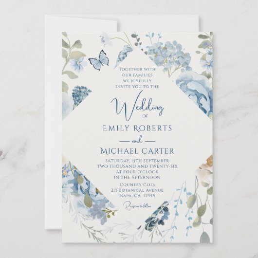 Invitation Floral bleu romantique tout en un QR Code Mariage (Devant)