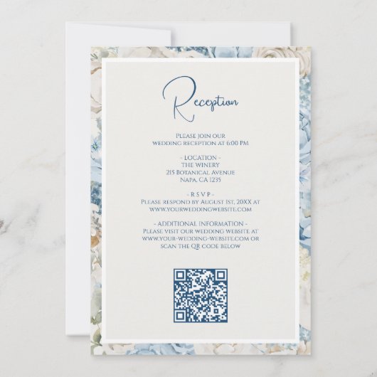 Invitation Floral bleu romantique tout en un QR Code Mariage (Dos)