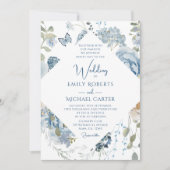 Invitation Floral bleu romantique tout en un QR Code Mariage (Devant)