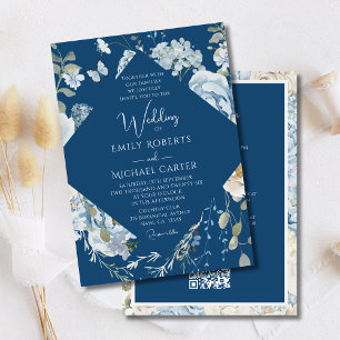 Invitation Floral bleu romantique tout en un QR Code Mariage