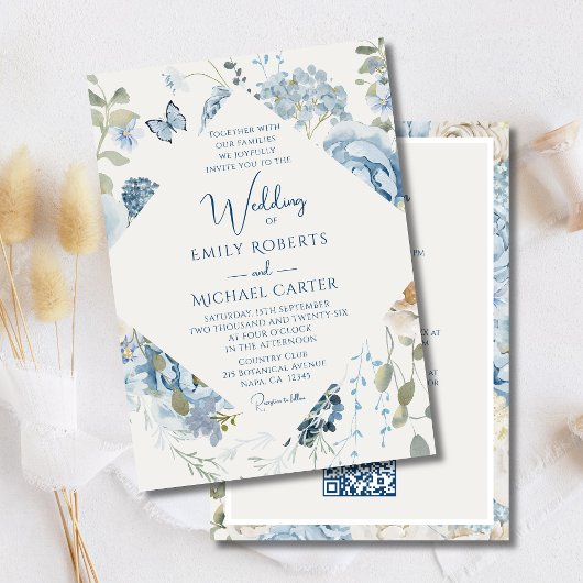 Invitation Floral bleu romantique tout en un QR Code Mariage
