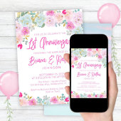 Invitation Floral bleu rose 1er anniversaire Mariage