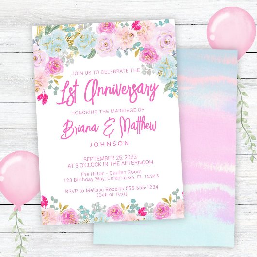 Invitation Floral bleu rose 1er anniversaire Mariage
