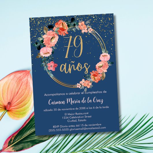 Invitation Floral bleu rose espagnol 79e anniversaire