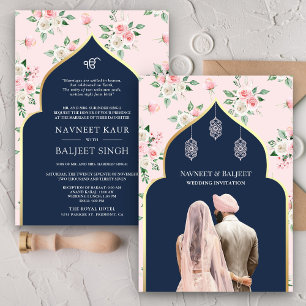 Invitation Floral bleu rose marine Anand Karaj Sikh Mariage