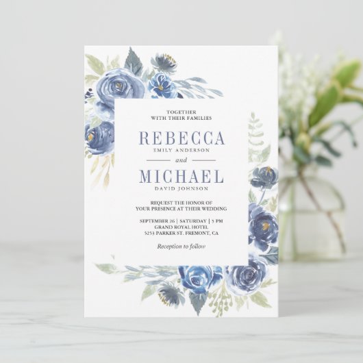 Invitation Floral bleu roux tout en un Mariage (Debout devant)