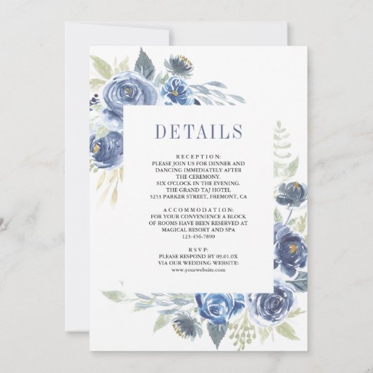 Invitation Floral bleu roux tout en un Mariage (Dos)