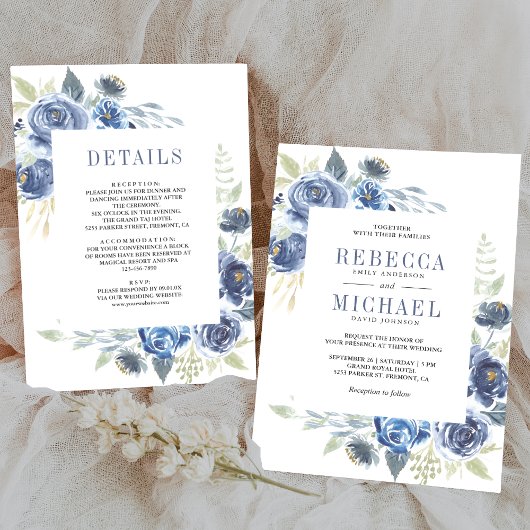 Invitation Floral bleu roux tout en un Mariage