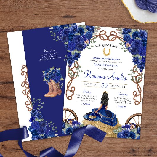 Invitation Floral bleu Rustique Charro Ouest Quinceañera