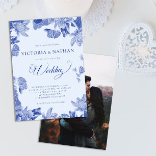 Invitation Floral bleu rustique romantique avec Mariage photo