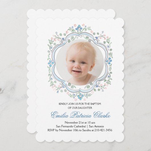 Invitation Floral bleu vert rose simple Baptême (Devant / Derrière)