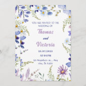 Invitation Floral bleu, violet, vert Mariage moderne (Devant / Derrière)
