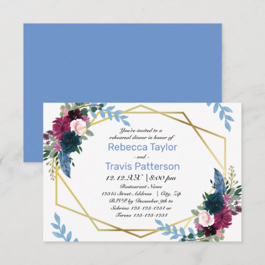 Invitation Floral Blooms Mod Blue - Dîner de répétition 3x5 (Devant / Derrière)
