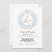 Invitation Floral Blue Baby Angel Croix Baptême (Devant / Derrière)