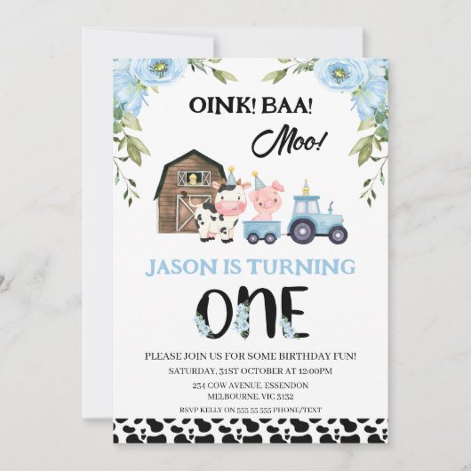 Invitation Floral Blue Black Cow Imprimer ferme 1er anniversa (Devant)