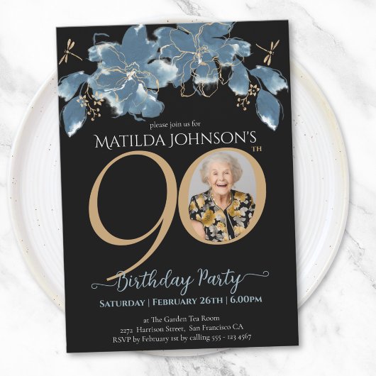 Invitation Floral Blue Black Gold Photo 90th Birthday Party