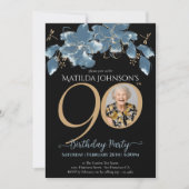Invitation Floral Blue Black Gold Photo 90th Birthday Party (Devant)