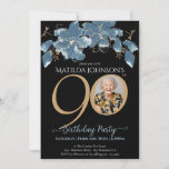 Invitation Floral Blue Black Gold Photo 90th Birthday Party<br><div class="desc">Floral Blue Black Gold Photo 90th Birthday Party Invitation. Présentant notre délicieuse Invitation d'anniversaire Floral Milestone, une parfaite fusion de simplicité moderne et de beauté délicate. Cette carte d'invitation personnalisée présente un mélange captivant de bleu et d'or, créant un cadre enchanteur qui ouvre la voie à une célébration d'anniversaire mémorable....</div>