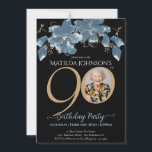Invitation Floral Blue Black Gold Photo 90th Birthday Party<br><div class="desc">Floral Blue Black Gold Photo 90th Birthday Party Invitation. Présentant notre délicieuse Invitation d'anniversaire Floral Milestone, une parfaite fusion de simplicité moderne et de beauté délicate. Cette carte d'invitation personnalisée présente un mélange captivant de bleu et d'or, créant un cadre enchanteur qui ouvre la voie à une célébration d'anniversaire mémorable....</div>