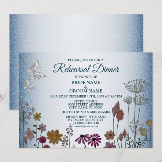 Invitation Floral Blue Glitter Wedding Rehearsal Dinner Party (Devant / Derrière)